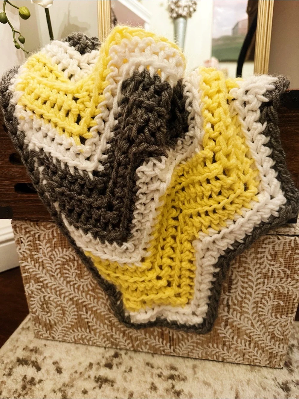 Handmade Yellow, White & Brown Chevron Baby Crochet Throw - Home Accents